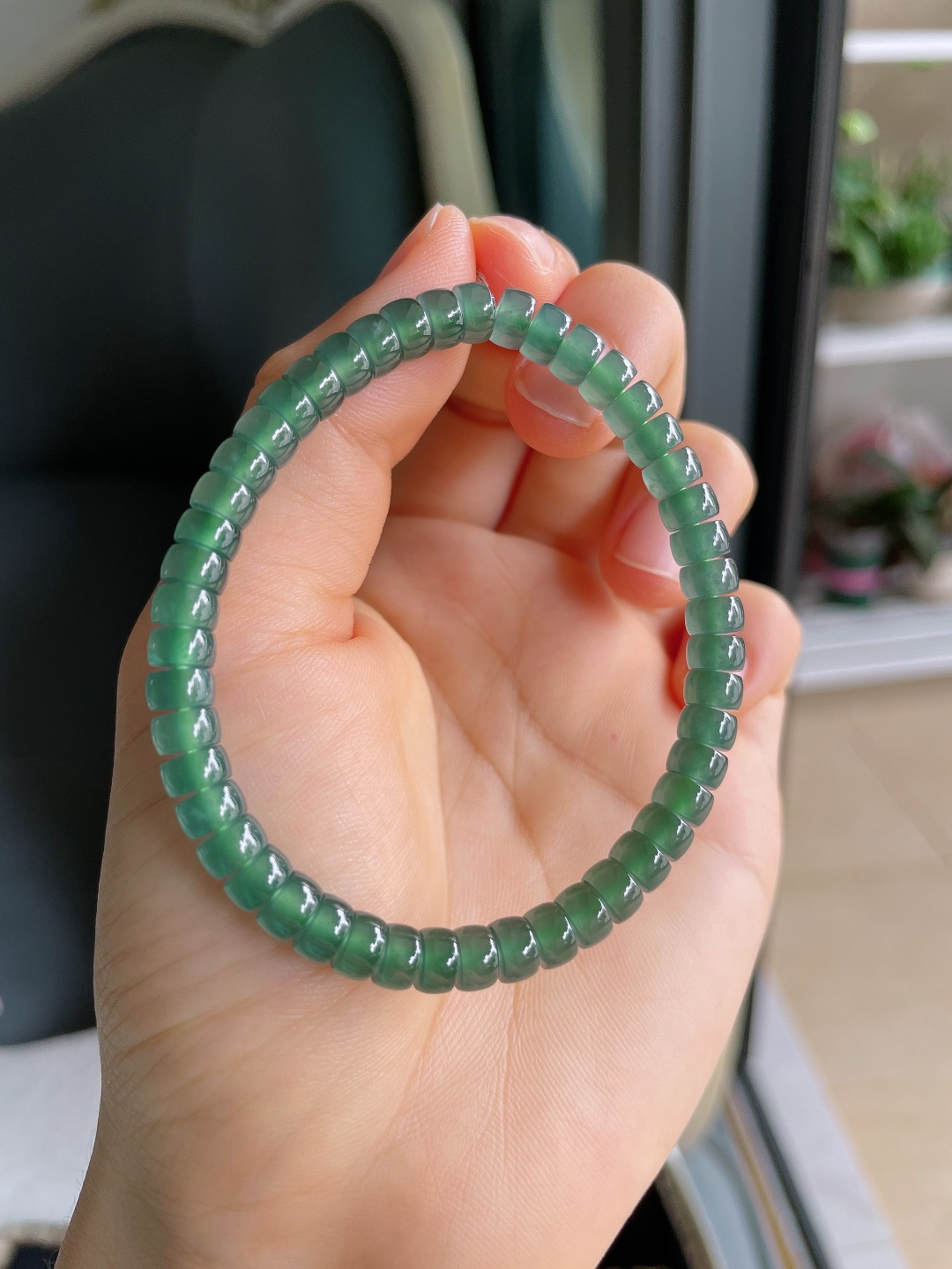 ️，天然翡翠A货，冰蓝水算盘珠手串，尺寸：5.8mm。【编4107】