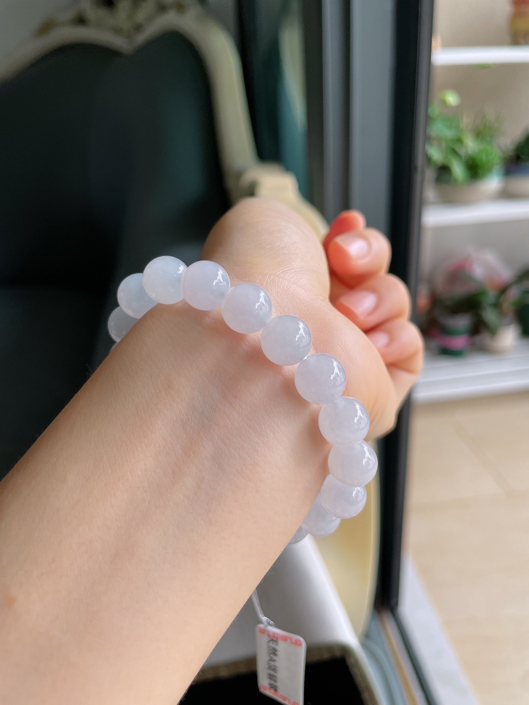 缅甸天然翡翠A货，白冰手串，尺寸：10mm。【编4457】