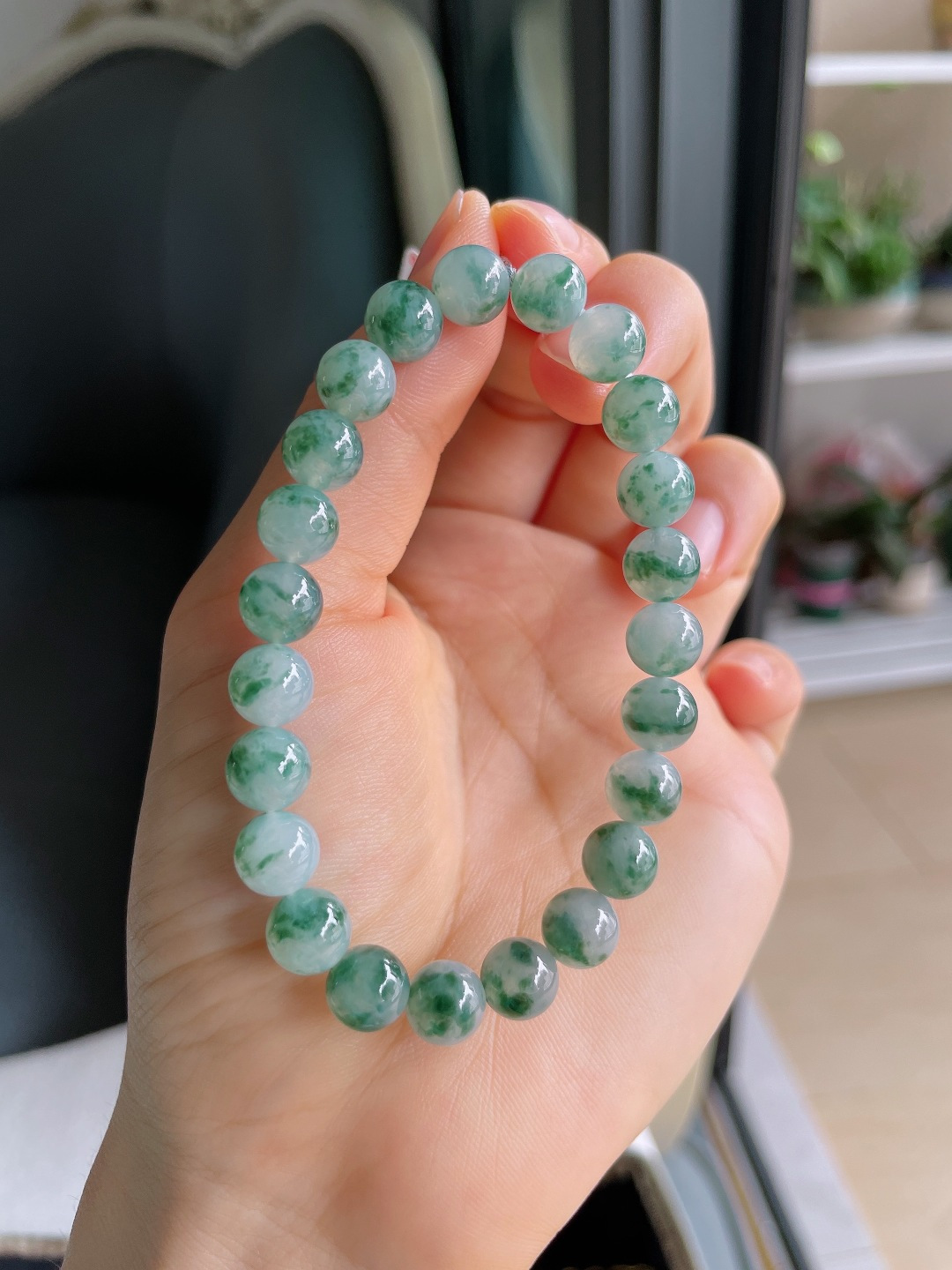 ️，天然翡翠A货，冰飘花手链，尺寸：8mm。【编4353】