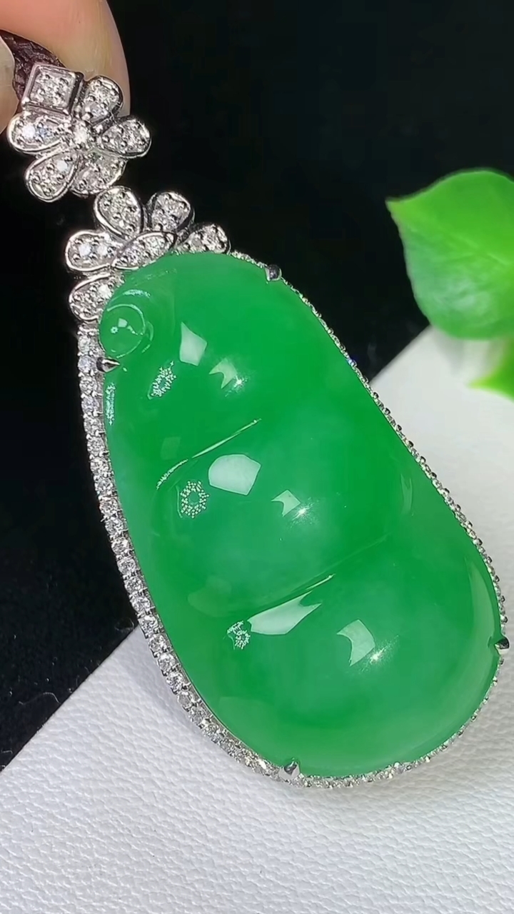 天然A货翡翠福豆吊坠，尺寸50.2-21.9-12，裸石34.5-19.3，重量:16.84g
8月25日