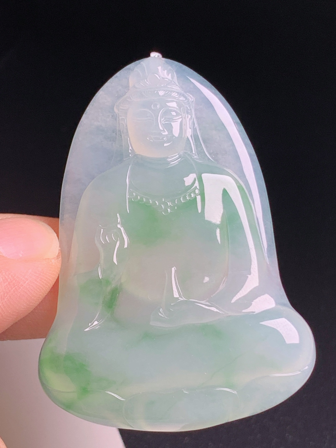 高冰飘绿观音，底色清爽飘花灵动，版型简约大气，裸石53.7-37.5-5.6，010729
