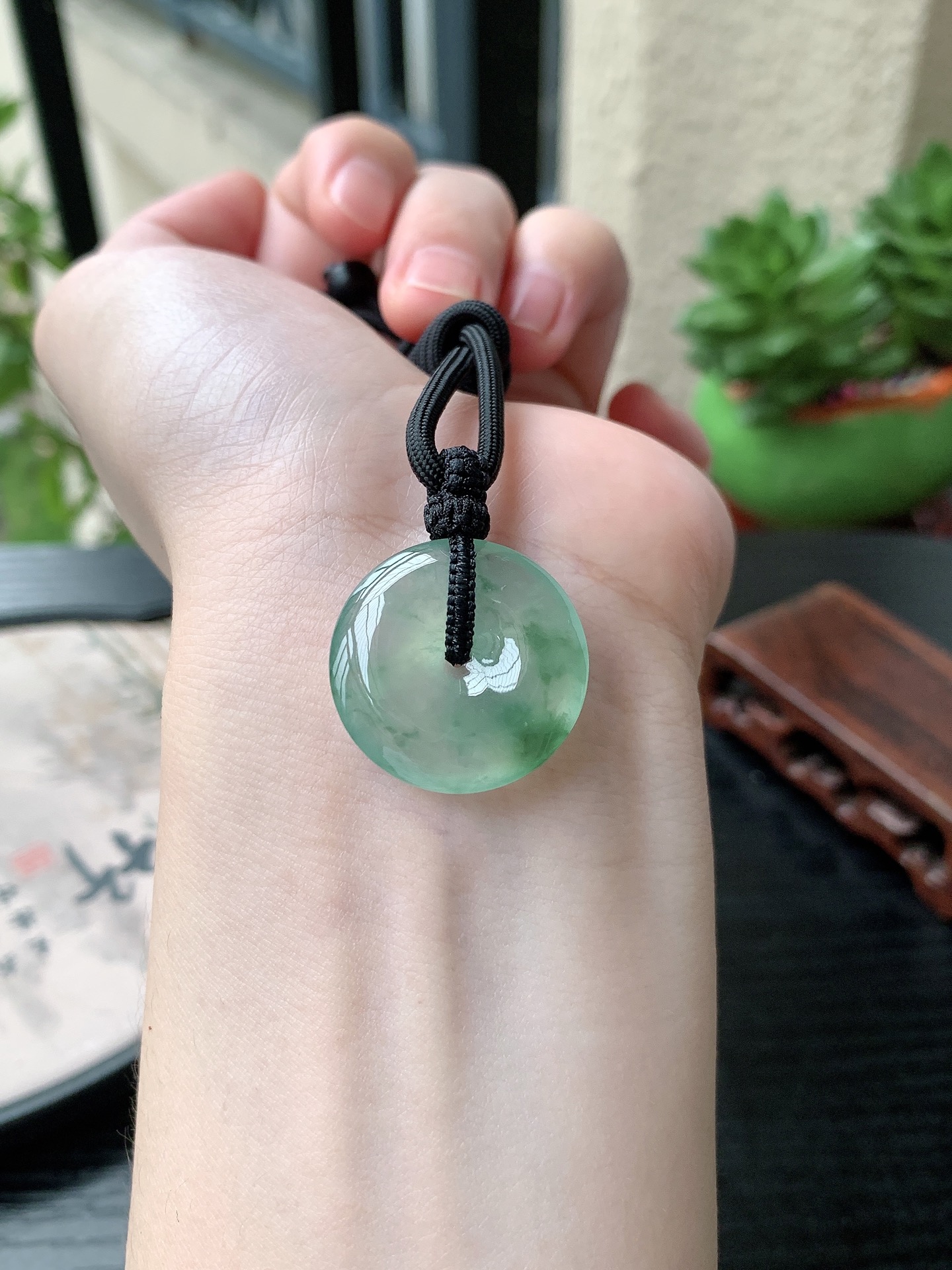 老坑冰种胶感飘蓝花平安扣吊坠,裸石尺寸:23.3-4.9mm