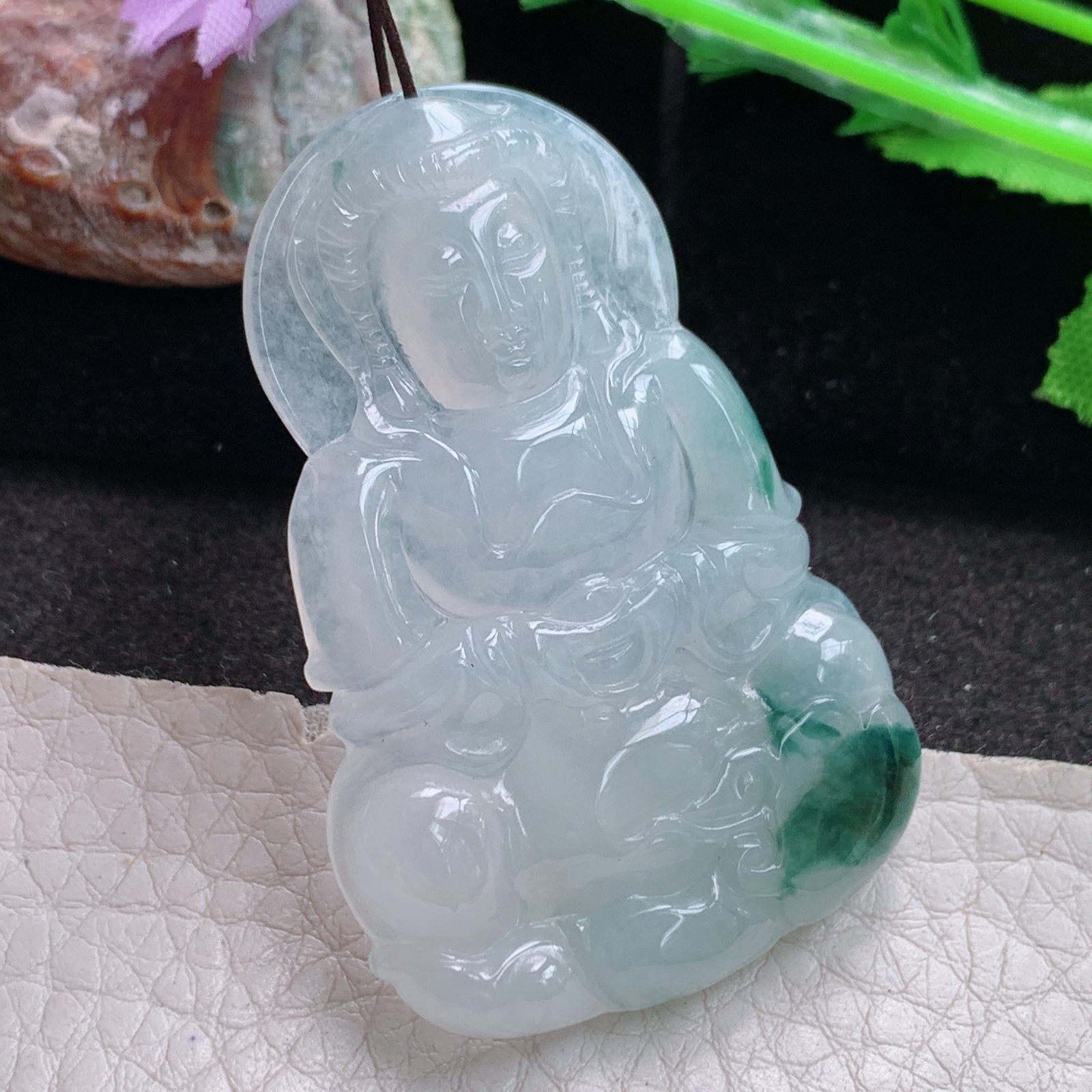 ajj实拍50*33*5.6缅甸翡翠精雕冰飘花正庄观音 玉观音玉吊坠 玉挂件