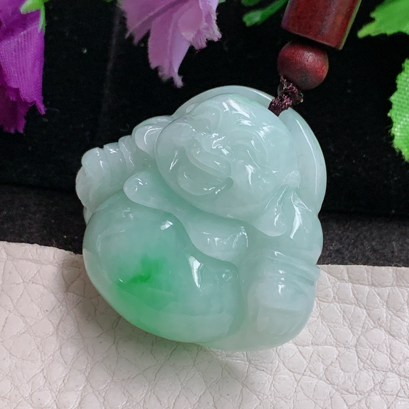zen实拍33*36*13.8缅甸翡翠精雕飘绿花饱满佛公 弥勒佛玉吊坠