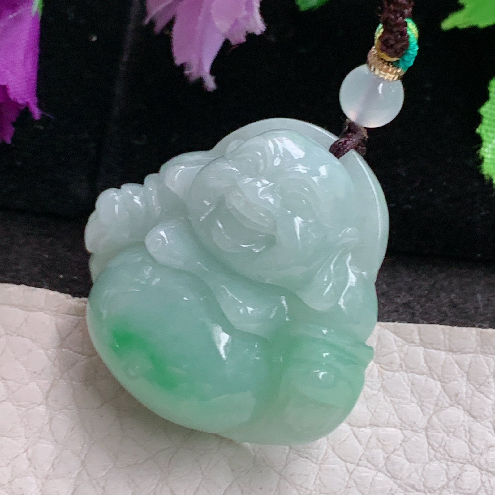 zen实拍31.8*33.5*12.5缅甸翡翠精雕飘绿花饱满佛公 弥勒佛玉吊坠