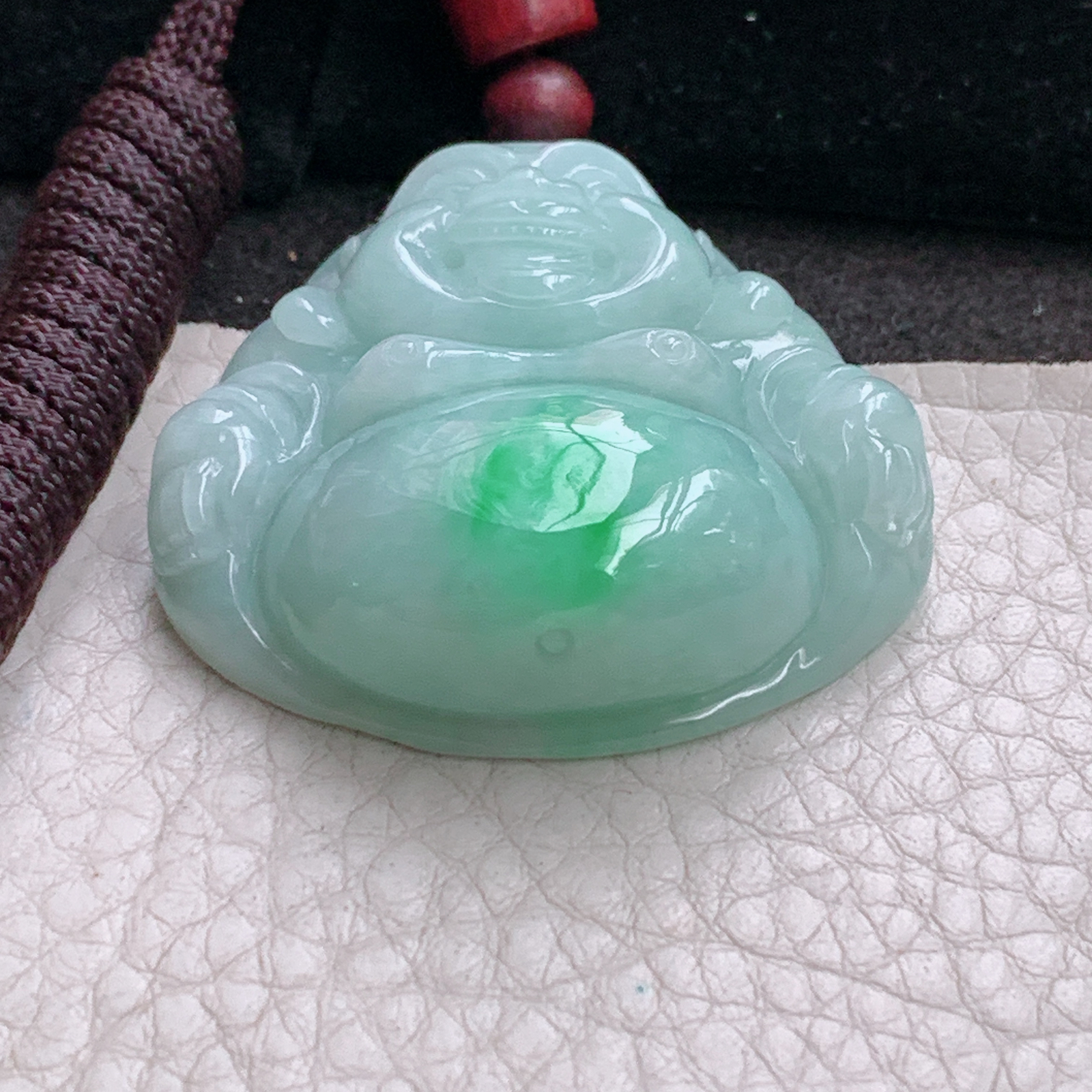 zen实拍38.6*40*13.2缅甸翡翠精雕飘阳绿饱满佛公 弥勒佛玉吊坠