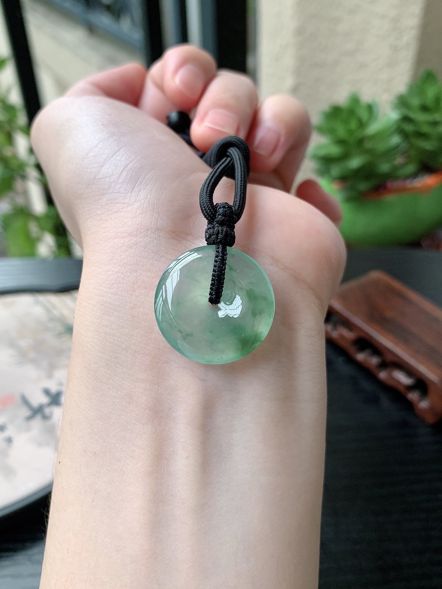 老坑冰种胶感飘蓝花平安扣吊坠,裸石尺寸:23.3-4.9mm