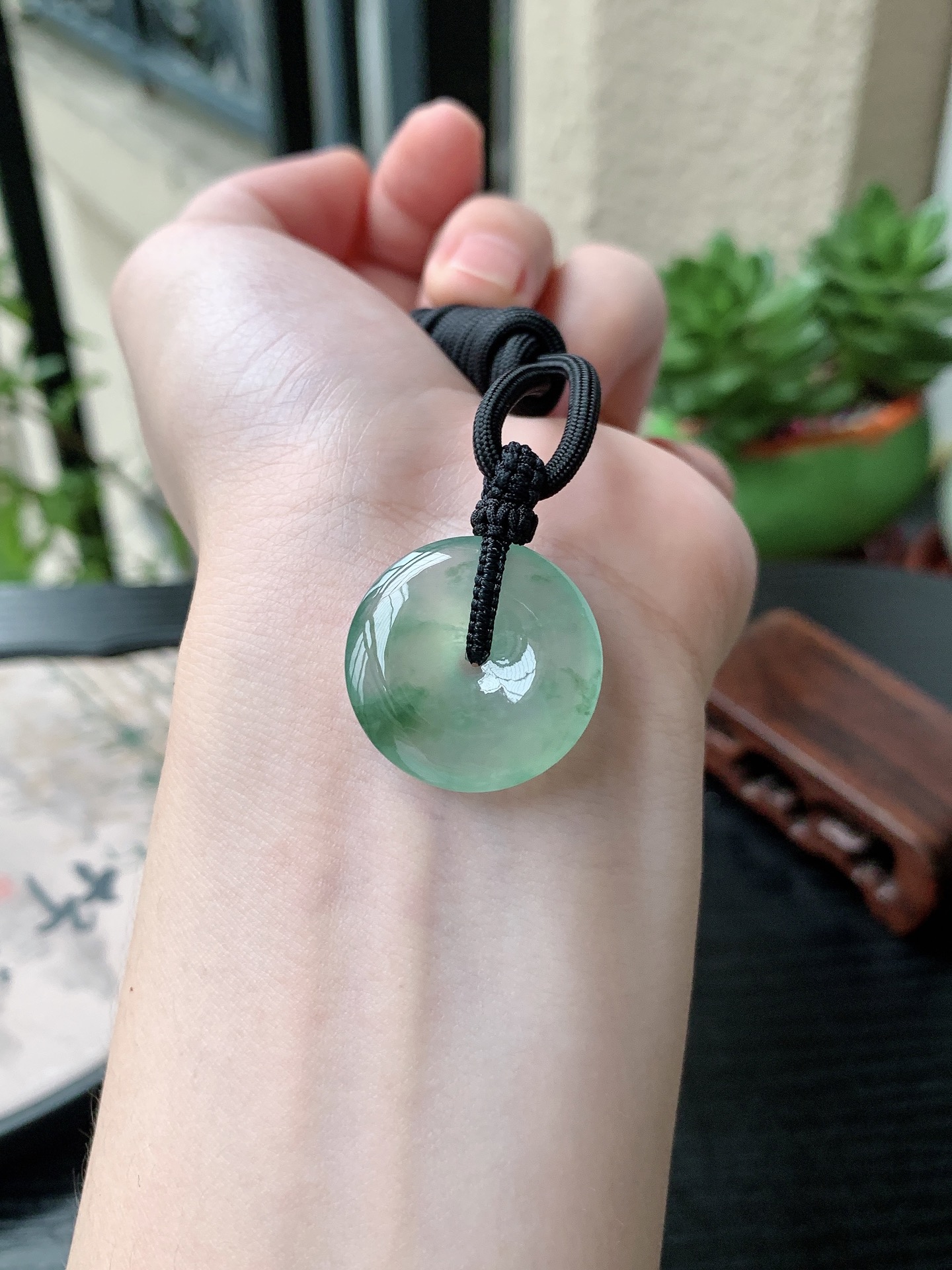 老坑冰种胶感飘蓝花平安扣吊坠,裸石尺寸:23.3-4.9mm
