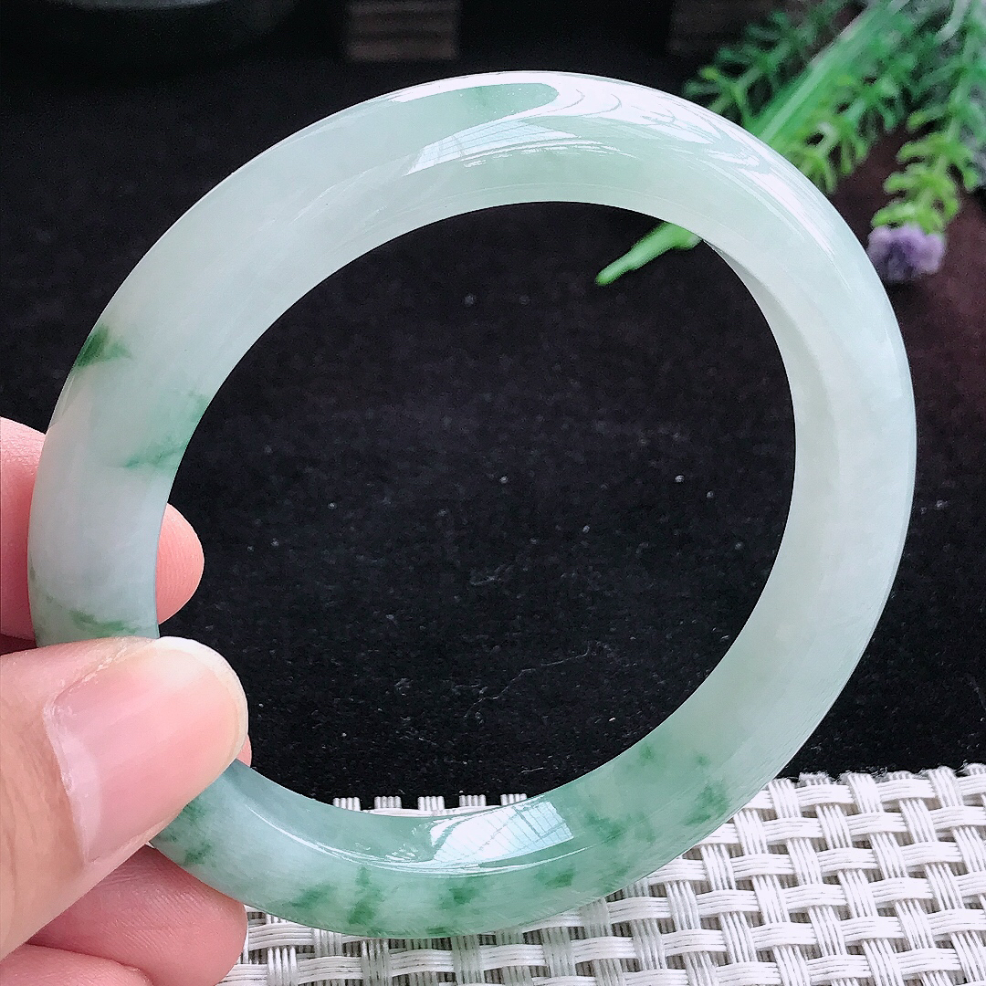 实拍A货翡翠59.5/10/9.3老坑冰润起胶飘花手镯宽边玉镯平安镯百搭