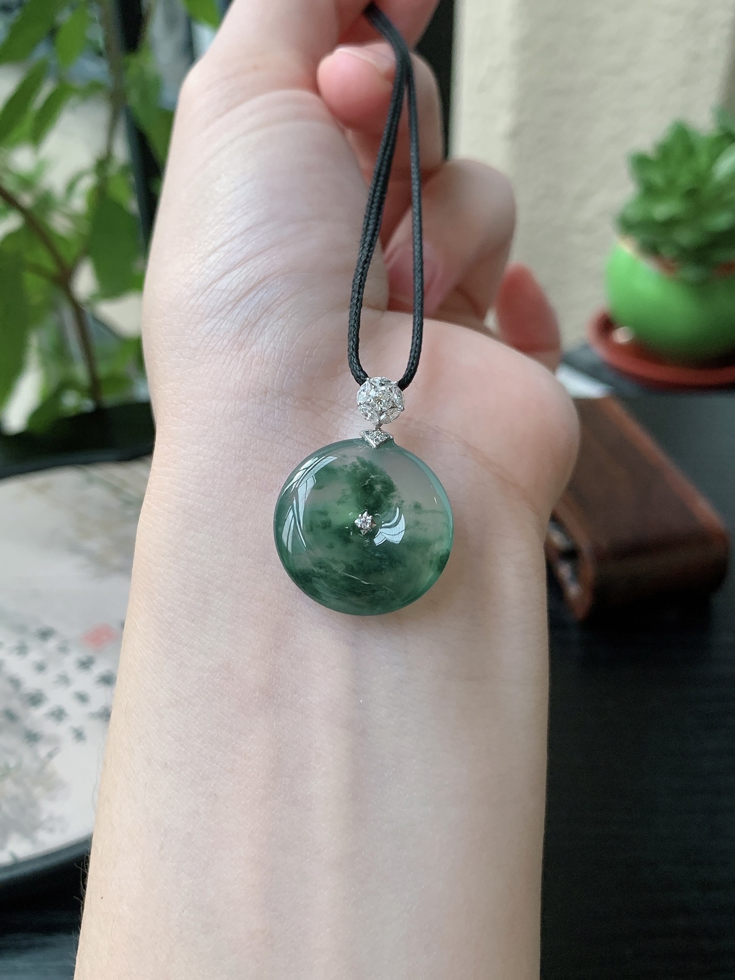 18k金镶嵌老坑冰种胶感飘蓝花平安扣吊坠,裸石尺寸:21-5.8mm