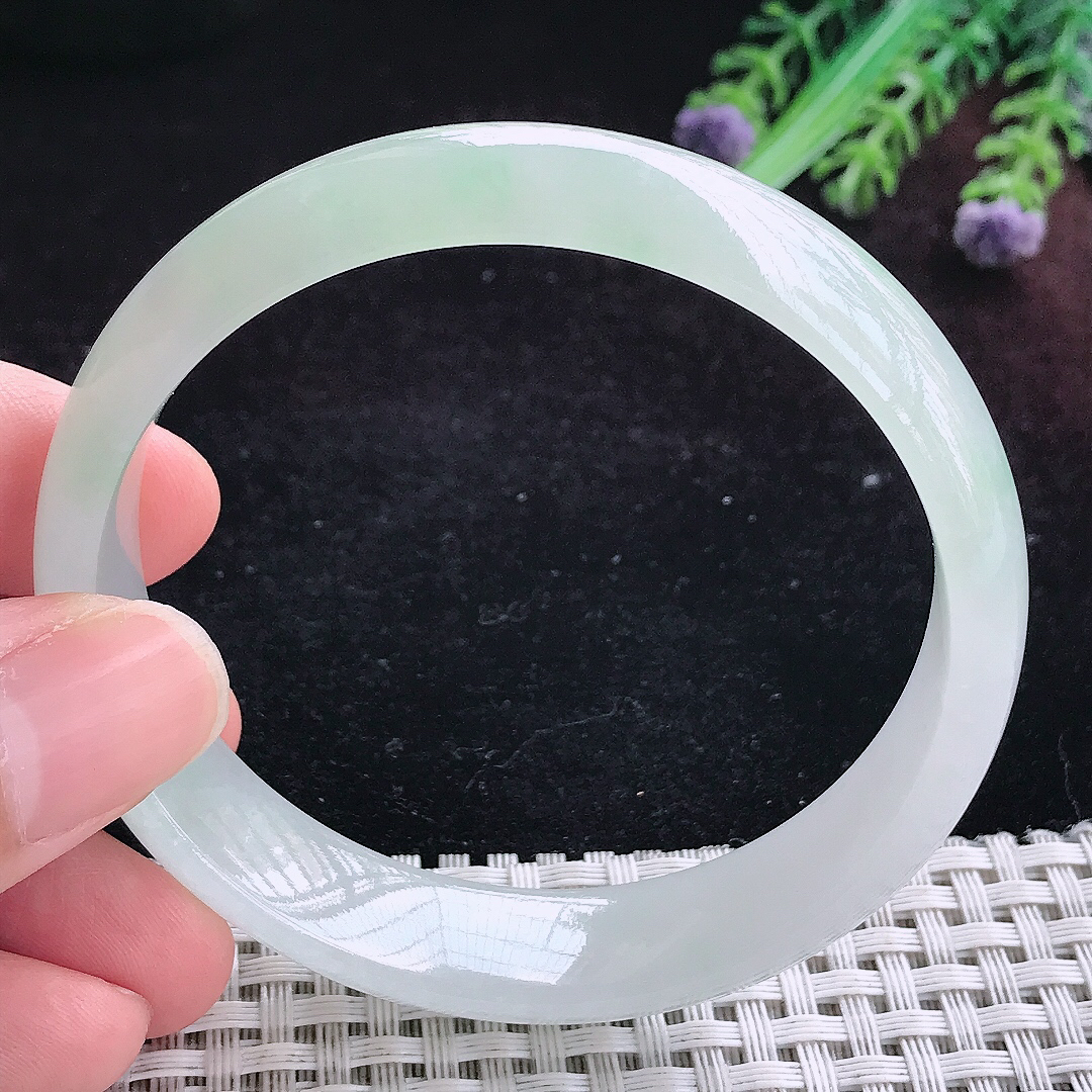 实拍A货翡翠58.5/14/6.3老坑冰透起胶晴底手镯宽边玉镯平安镯百搭