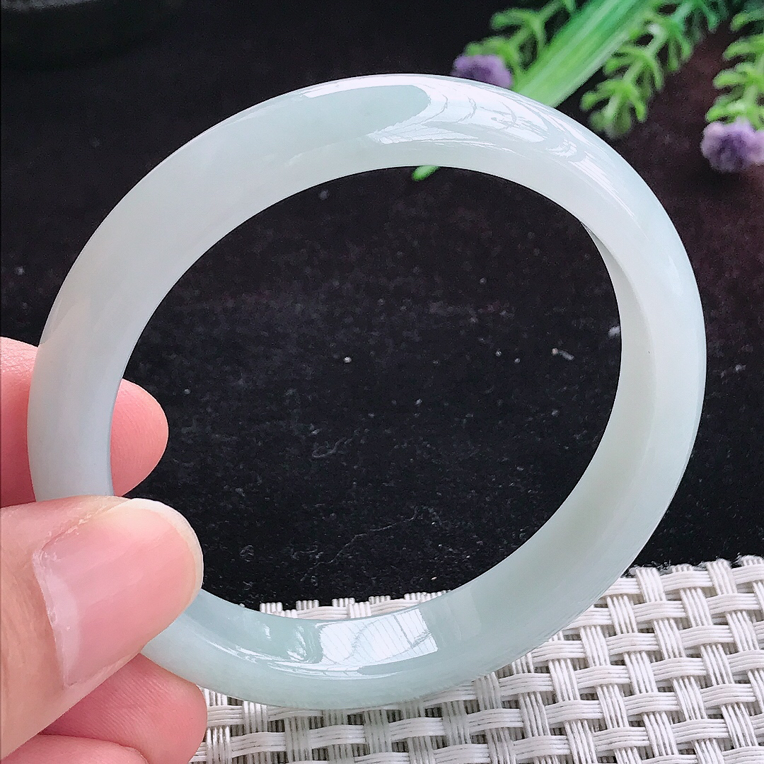 实拍A货翡翠53.5/10.8/7.2老坑冰润起胶晴底手镯宽边玉镯平安镯百搭