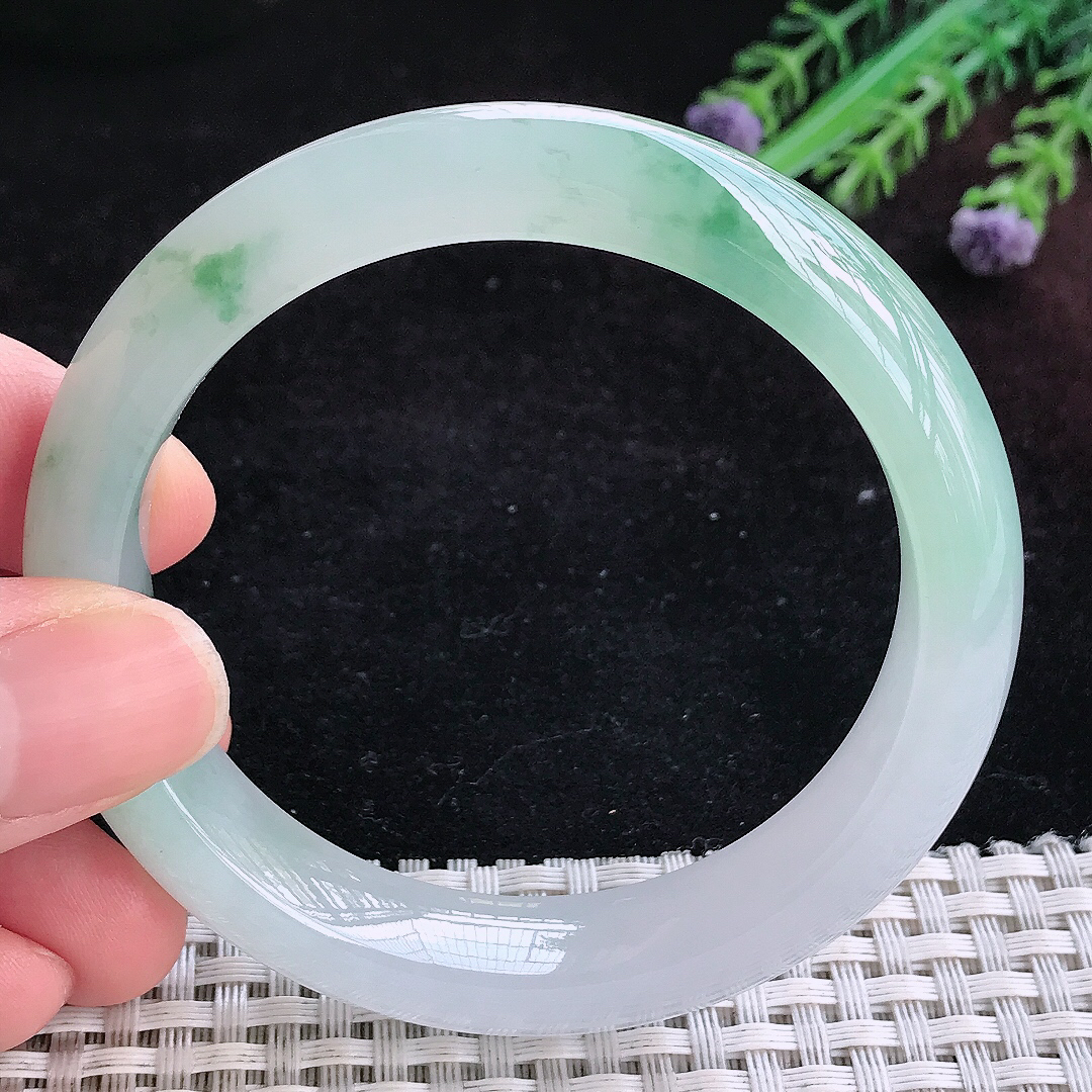 实拍A货翡翠55.5/12.8/8.6老坑冰胶果冻冰飘花手镯宽边玉镯平安镯百搭