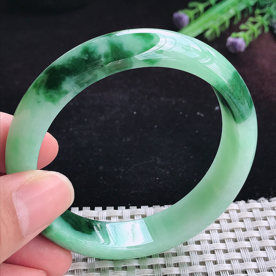 实拍A货翡翠58.5/14.2/8.2老坑冰润起胶飘花手镯宽边玉镯平安镯百搭