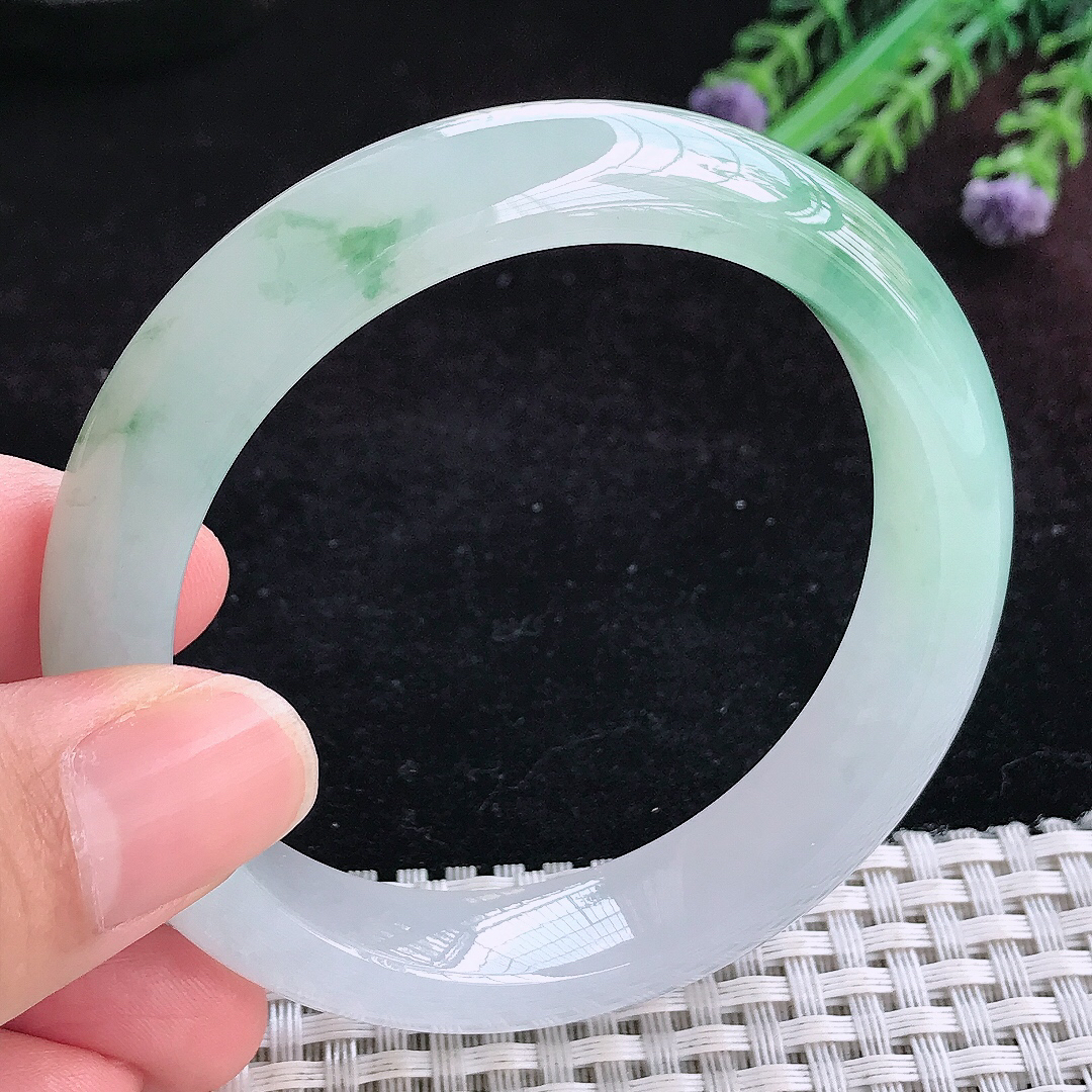 实拍A货翡翠55.5/12.8/8.6老坑冰胶果冻冰飘花手镯宽边玉镯平安镯百搭