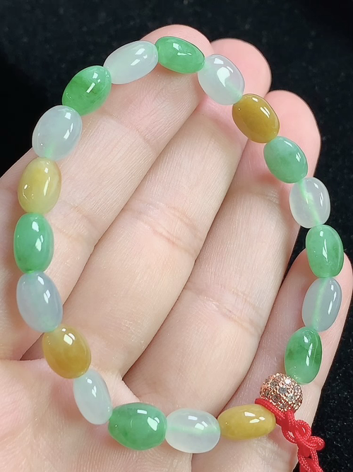 冰多彩玉珠手链，尺寸8.4-6.6-5.2mm，d01zg9