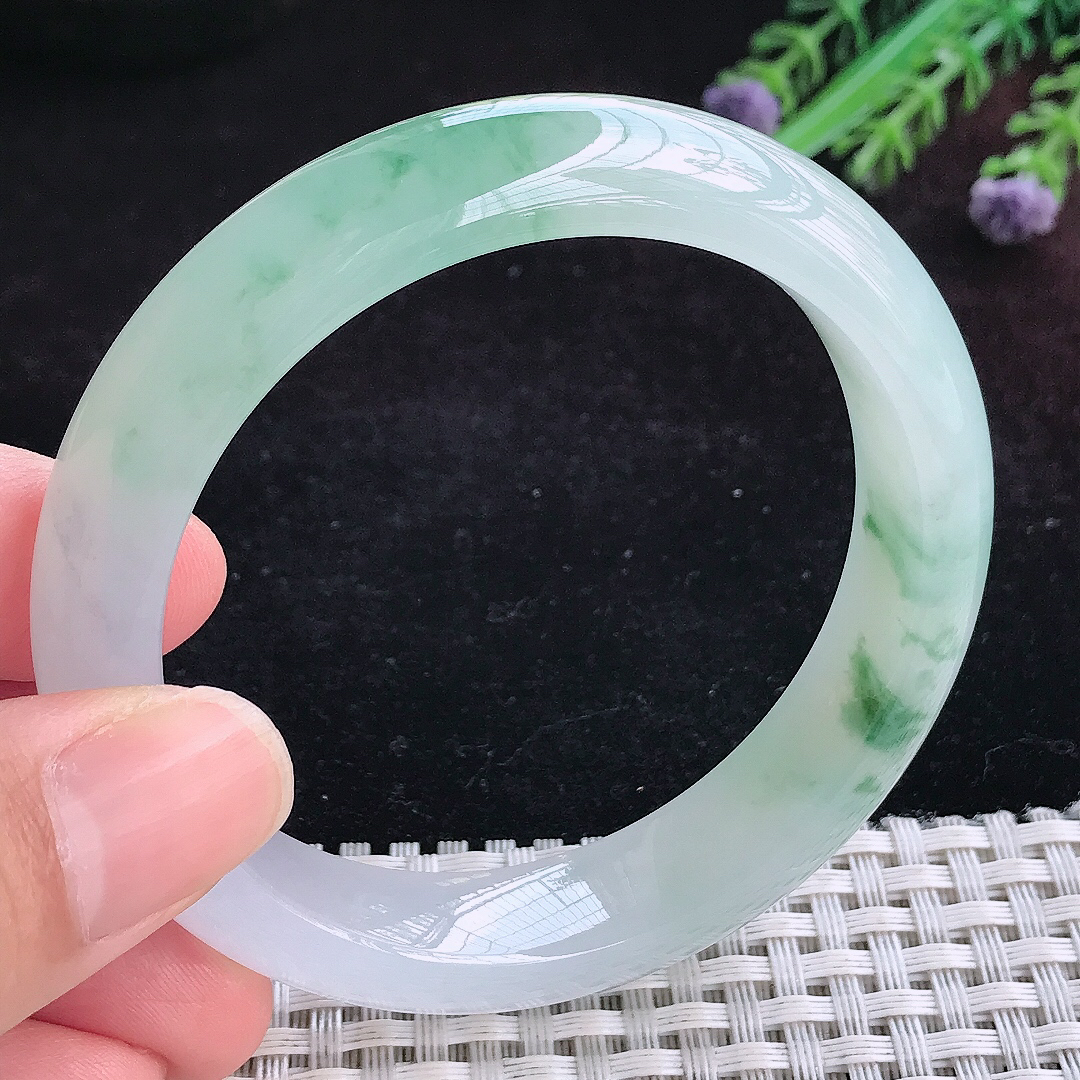 实拍A货翡翠55.5/12.8/8.6老坑冰胶果冻冰飘花手镯宽边玉镯平安镯百搭