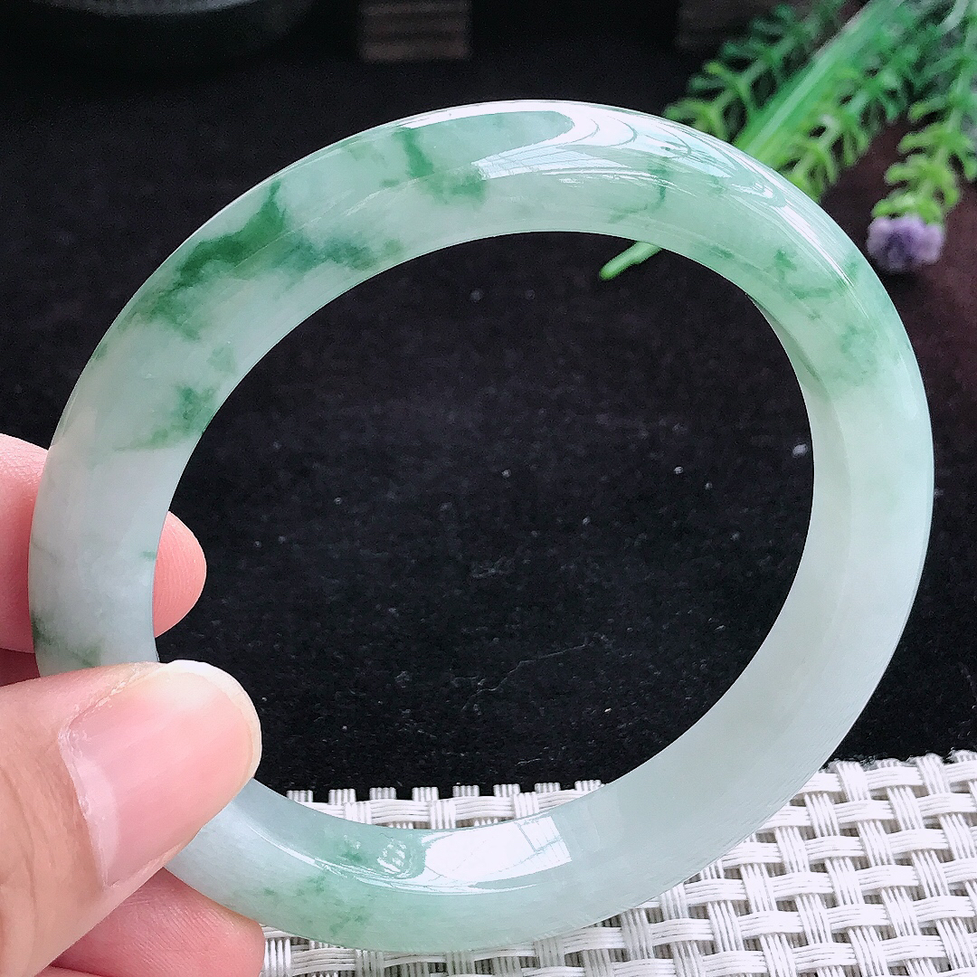 实拍A货翡翠59.5/10/9.3老坑冰润起胶飘花手镯宽边玉镯平安镯百搭