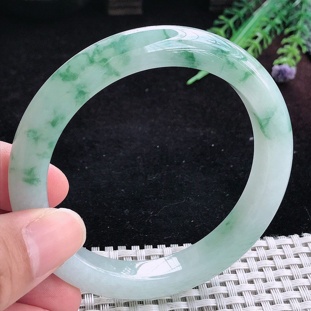 实拍A货翡翠59.5/10/9.3老坑冰润起胶飘花手镯宽边玉镯平安镯百搭