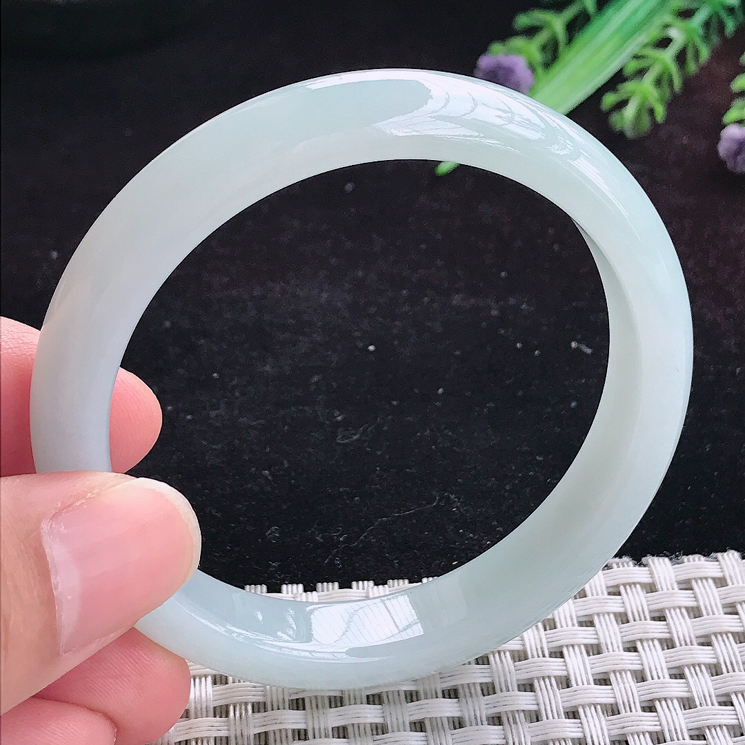 实拍A货翡翠53.5/10.8/7.2老坑冰润起胶晴底手镯宽边玉镯平安镯百搭