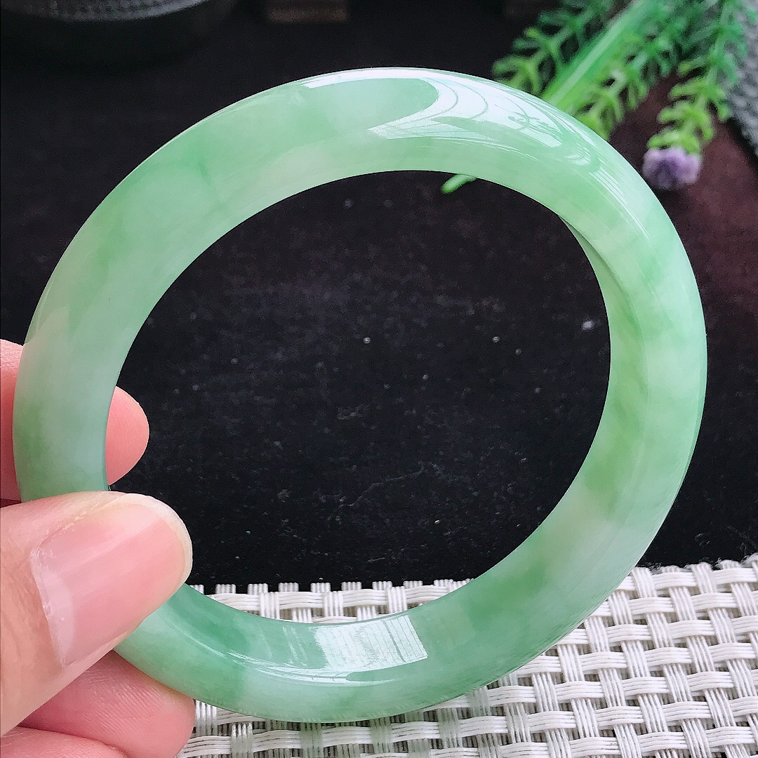 实拍A货翡翠60/12.7/9老坑冰润起胶满绿手镯宽边玉镯平安镯百搭