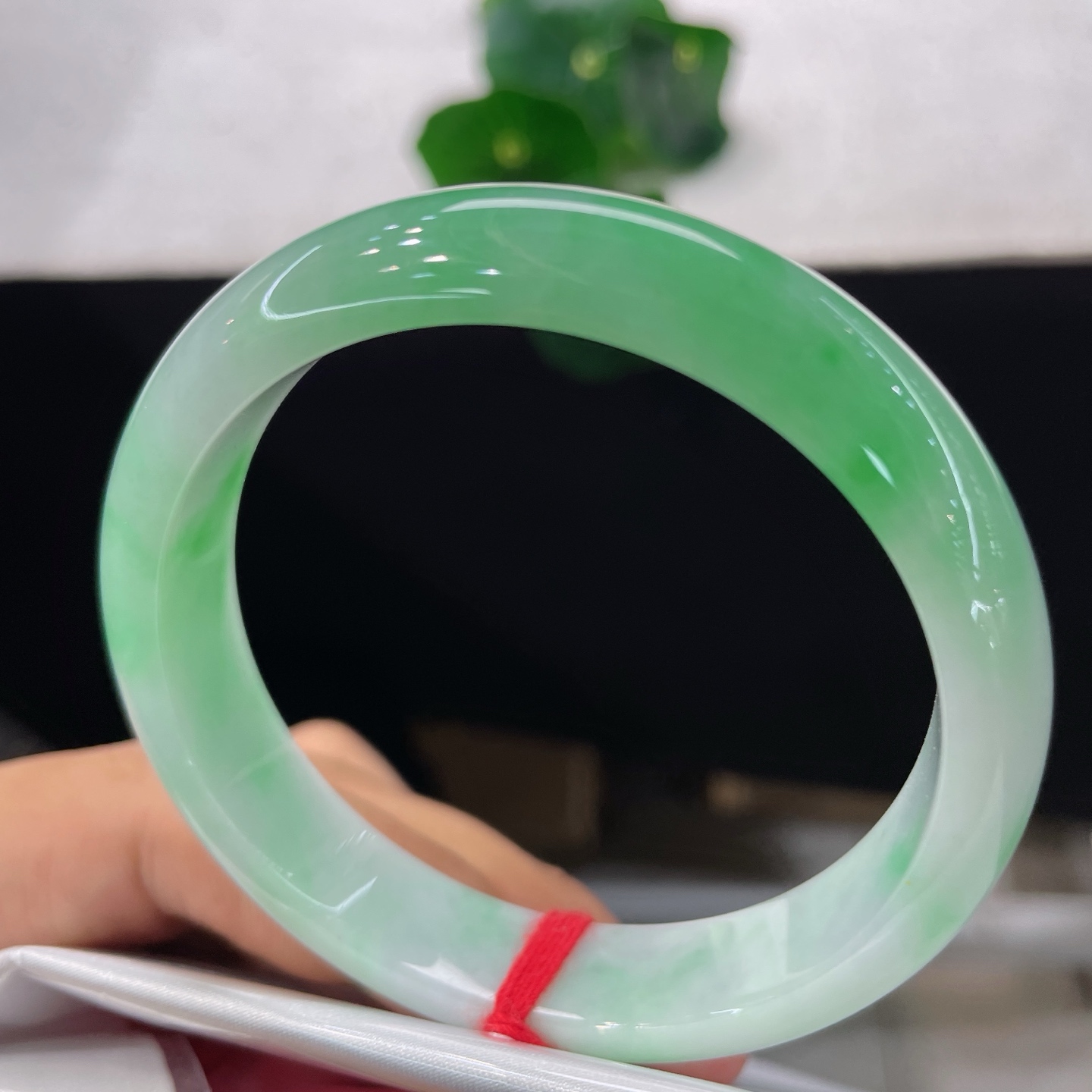 圈口56/12.2/7.3，白底青正圈，55/56可戴，仿若翠染春江，质地澄澈。鲜润翠色悠然晕染。无裂。