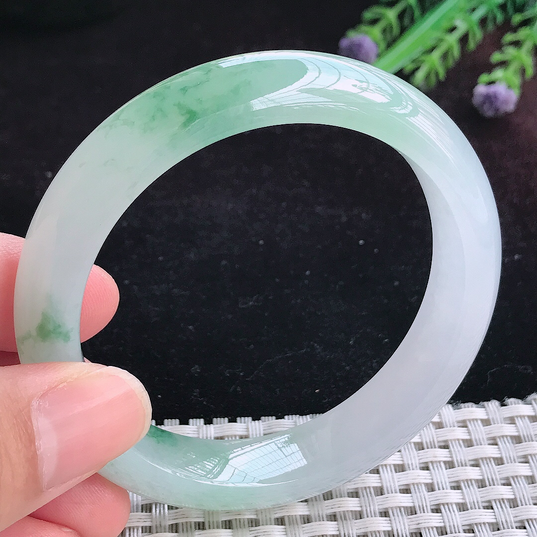 实拍A货翡翠55.5/12.8/8.6老坑冰胶果冻冰飘花手镯宽边玉镯平安镯百搭