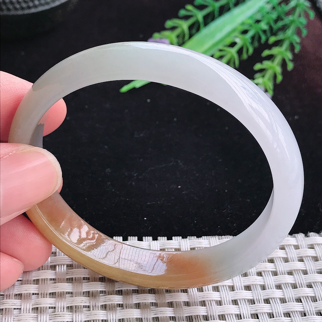 实拍A货翡翠56/50/12/6.2老坑冰润特色黄翡贵妃手镯宽边玉镯平安镯百搭