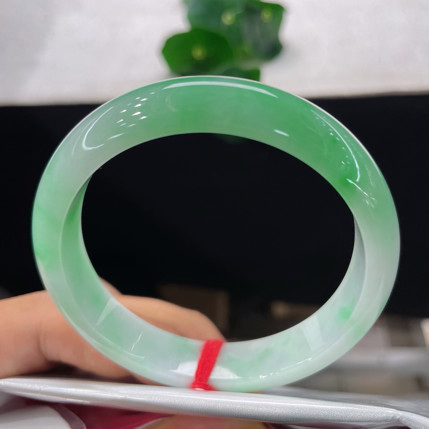 圈口56/12.2/7.3，白底青正圈，55/56可戴，仿若翠染春江，质地澄澈。鲜润翠色悠然晕染。无