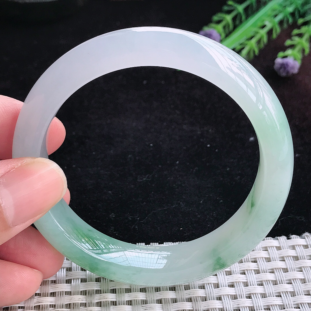 实拍A货翡翠55.5/12.8/8.6老坑冰胶果冻冰飘花手镯宽边玉镯平安镯百搭