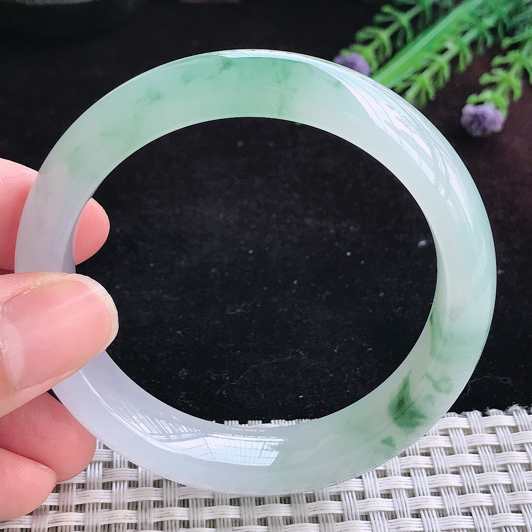 实拍A货翡翠55.5/12.8/8.6老坑冰胶果冻冰飘花手镯宽边玉镯平安镯百搭