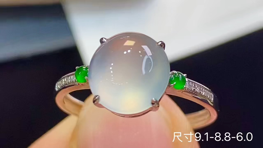 18k金+钻玻璃种蛋面戒指，无暇，9.1-8.8-6.0