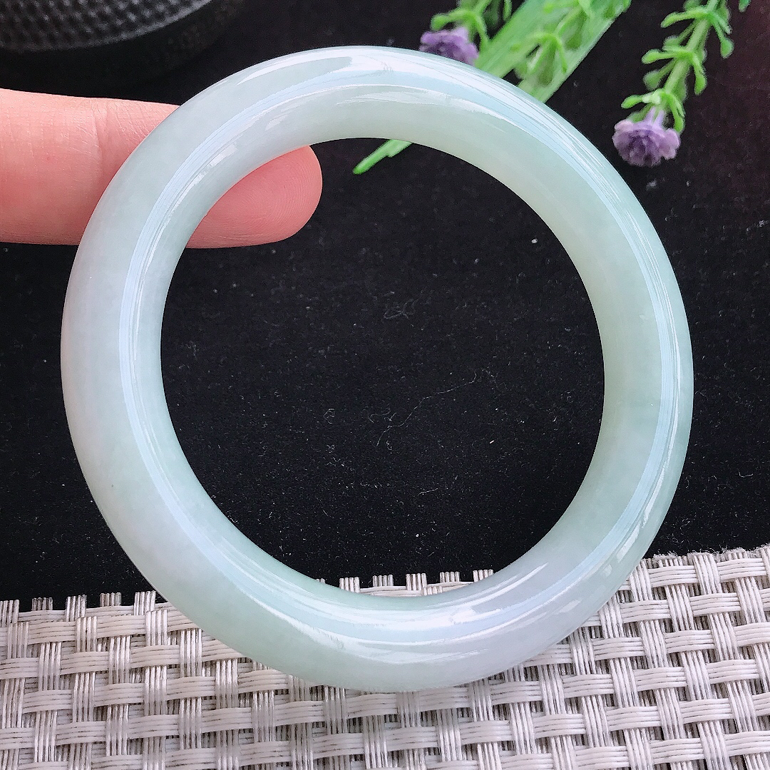 实拍A货翡翠54/10.5老坑冰润起胶晴底圆条手镯玉镯平安镯百搭