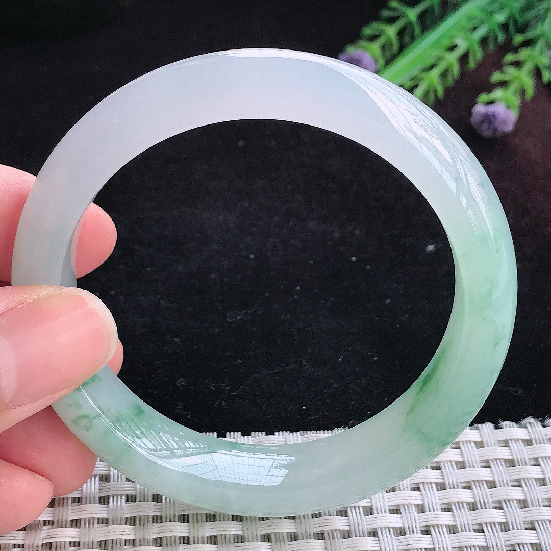 实拍A货翡翠55.5/12.8/8.6老坑冰胶果冻冰飘花手镯宽边玉镯平安镯百搭
