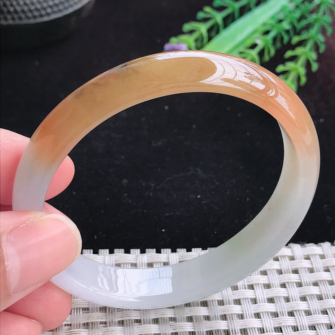 实拍A货翡翠56/50/12/6.2老坑冰润特色黄翡贵妃手镯宽边玉镯平安镯百搭