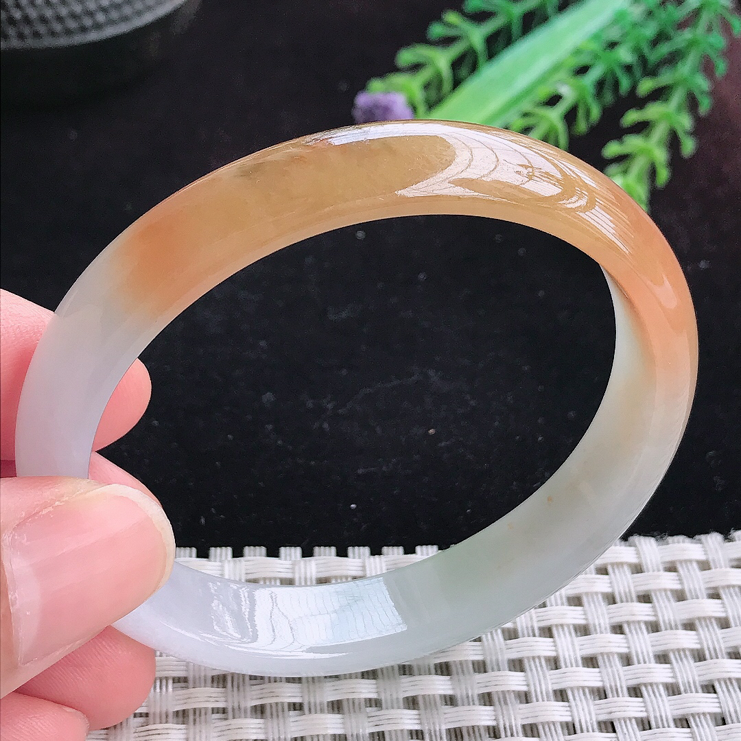 实拍A货翡翠56/50/12/6.2老坑冰润特色黄翡贵妃手镯宽边玉镯平安镯百搭