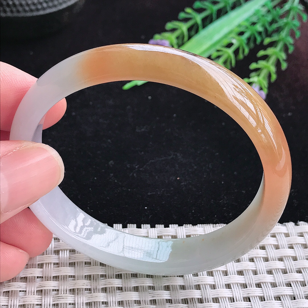 实拍A货翡翠56/50/12/6.2老坑冰润特色黄翡贵妃手镯宽边玉镯平安镯百搭