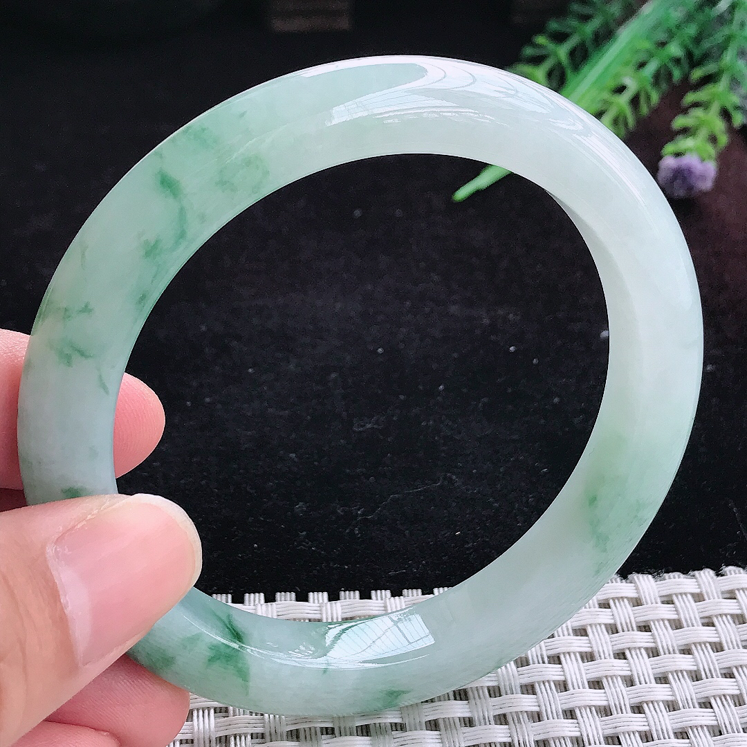 实拍A货翡翠59.5/10/9.3老坑冰润起胶飘花手镯宽边玉镯平安镯百搭