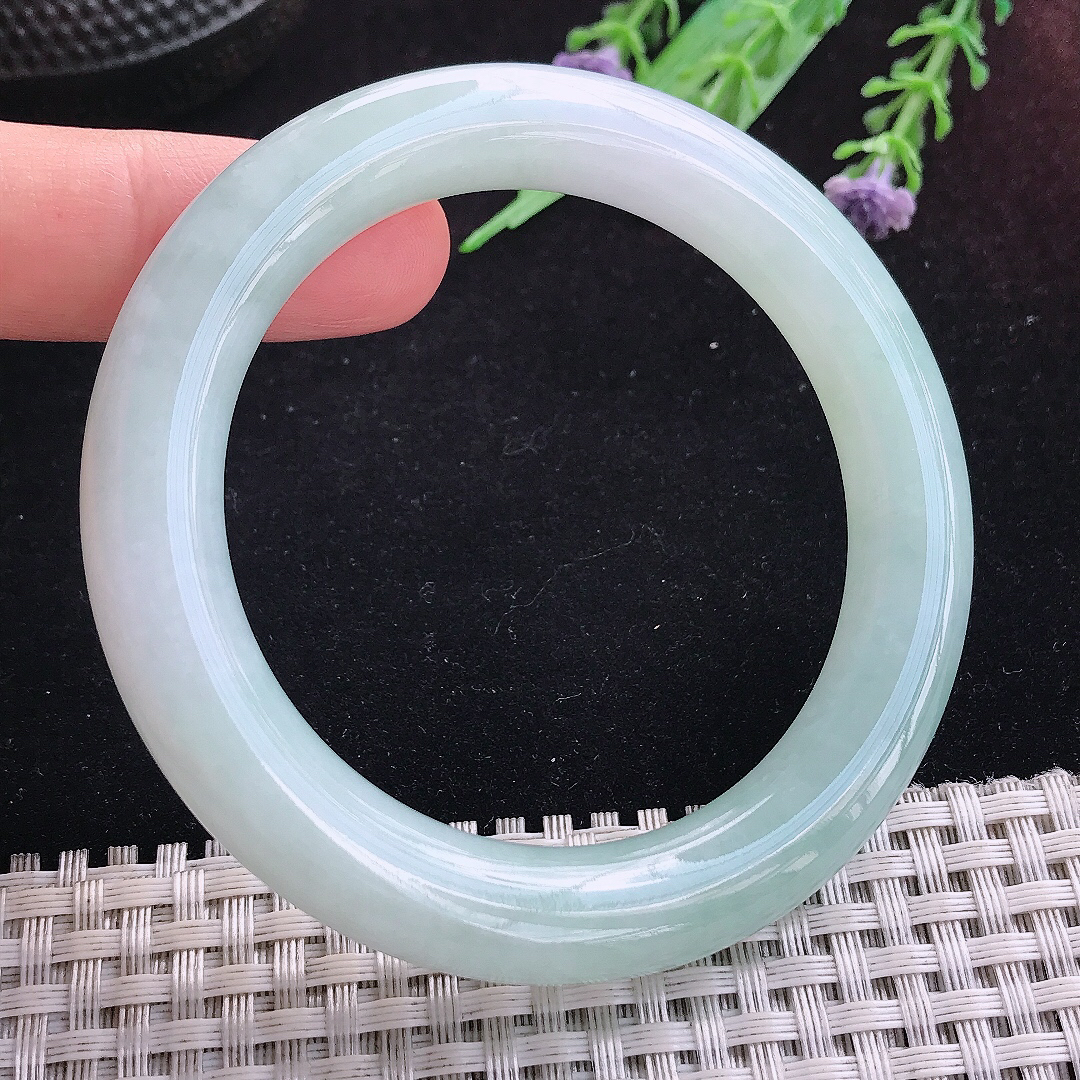 实拍A货翡翠54/10.5老坑冰润起胶晴底圆条手镯玉镯平安镯百搭