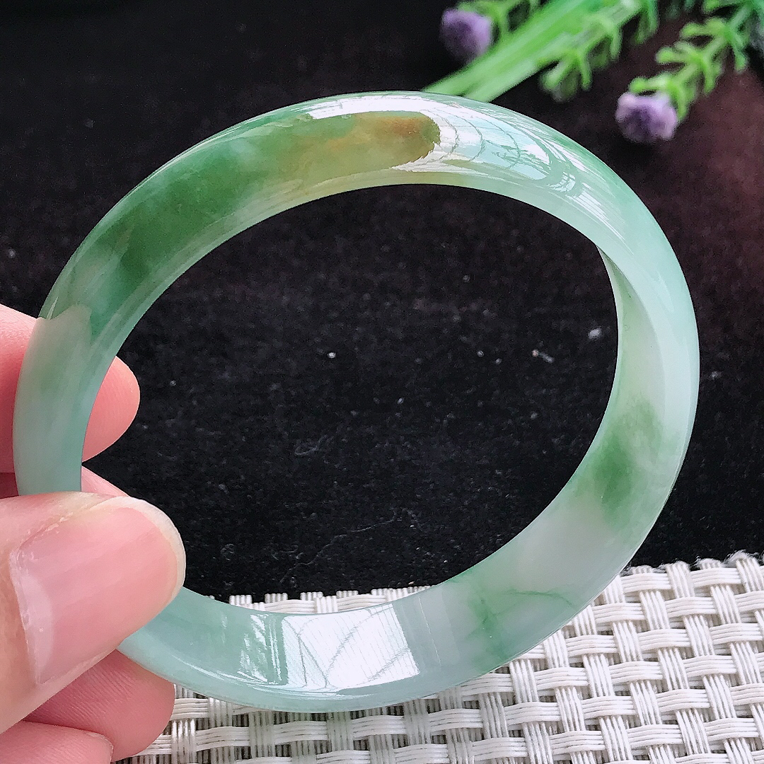 实拍A货翡翠56.5/14/5.8老坑冰润双彩手镯宽边玉镯平安镯百搭