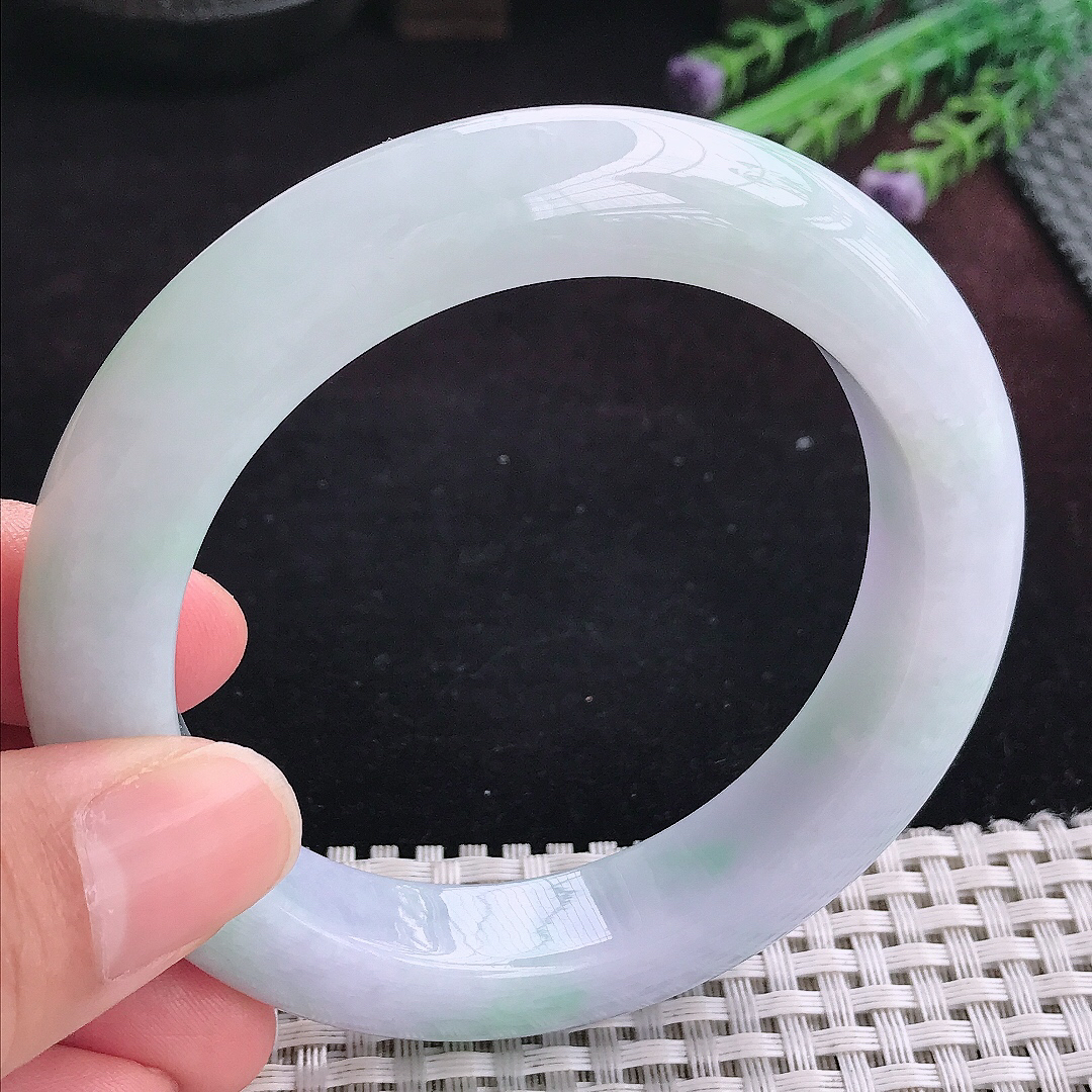 实拍A货翡翠58.5/12.6/10.3老坑冰润淡紫罗兰手镯宽边玉镯平安镯百搭