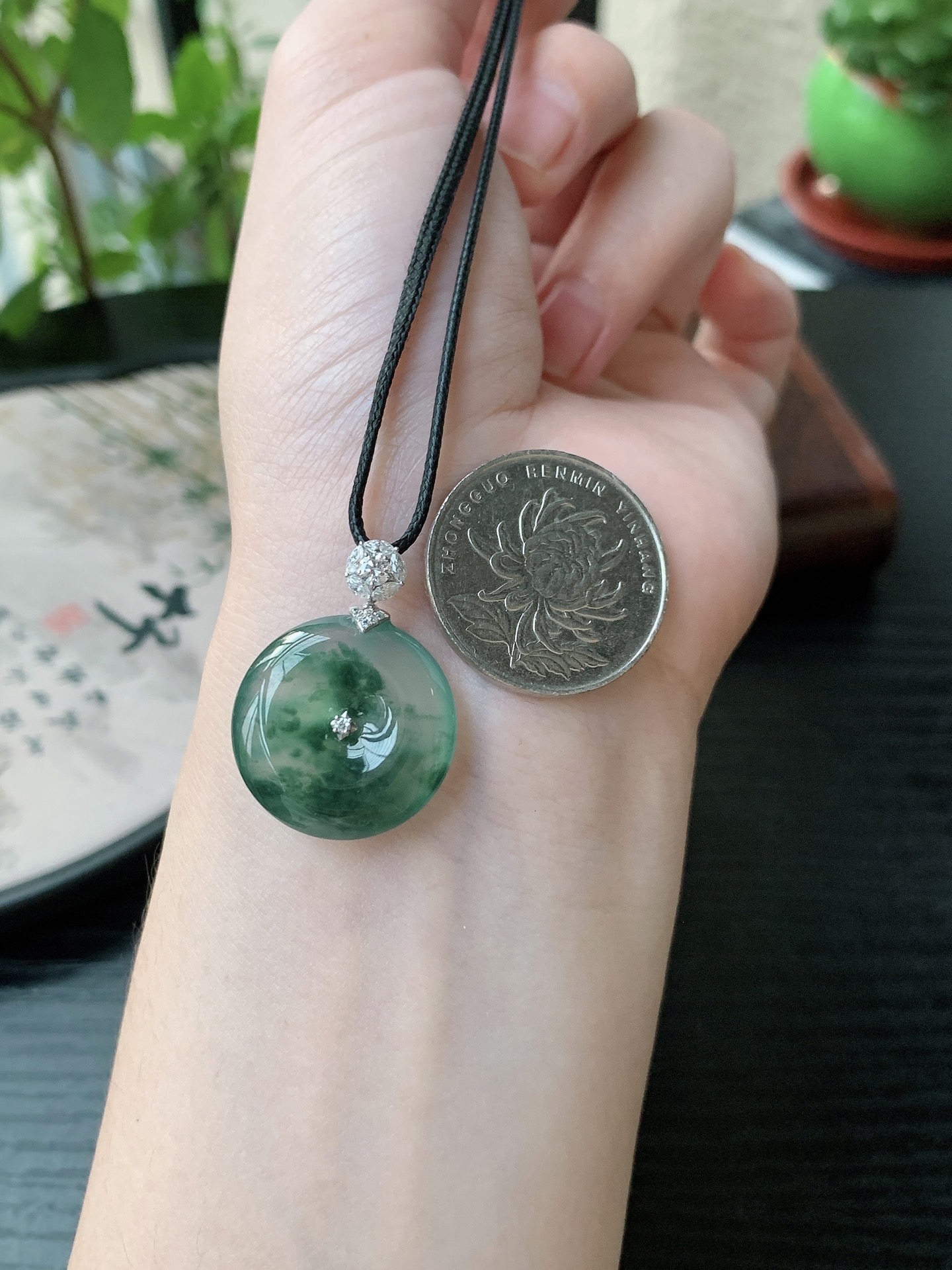 18k金镶嵌老坑冰种胶感飘蓝花平安扣吊坠,裸石尺寸:21-5.8mm