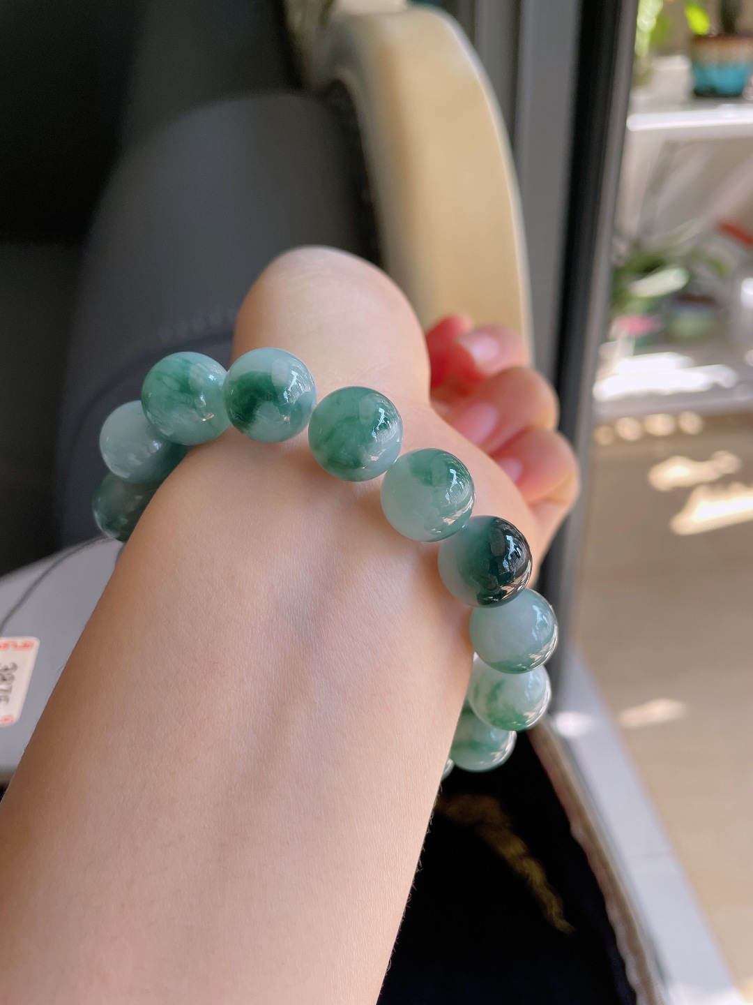 缅甸天然翡翠A货，冰飘花手链，尺寸：12.5mm。【编3875】