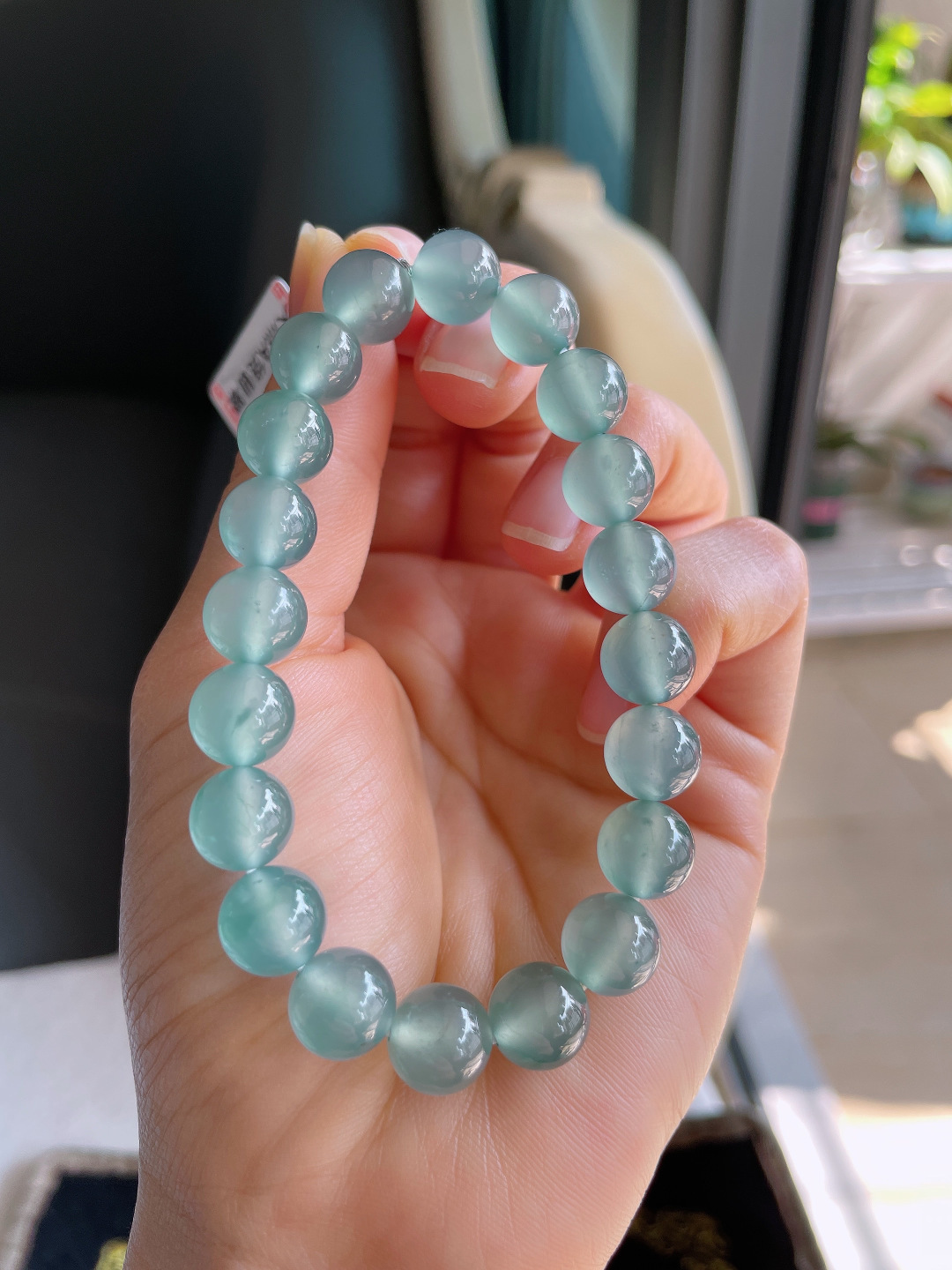 天然翡翠A货，冰种天空蓝手链，尺寸：9.8mm。【编3454】