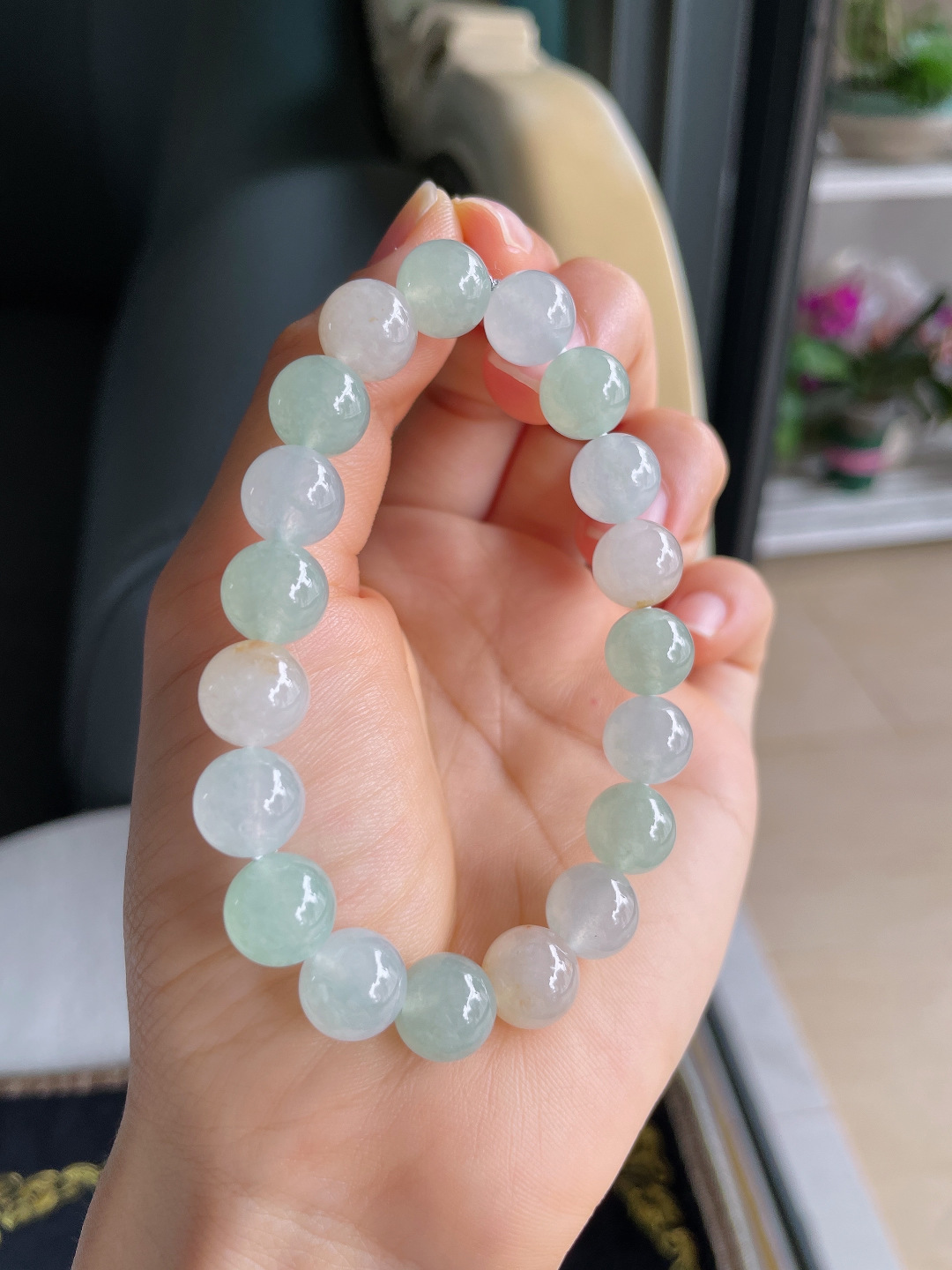 ️，缅甸天然翡翠A货，冰三彩手串，尺寸：10mm。【编4217】