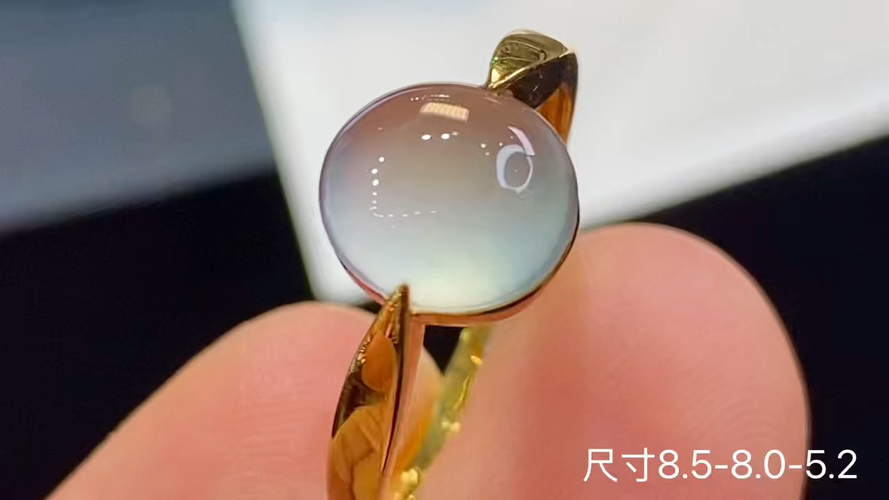 18k金+钻玻璃种蛋面戒指，无暇，8.5-8.0-5.2