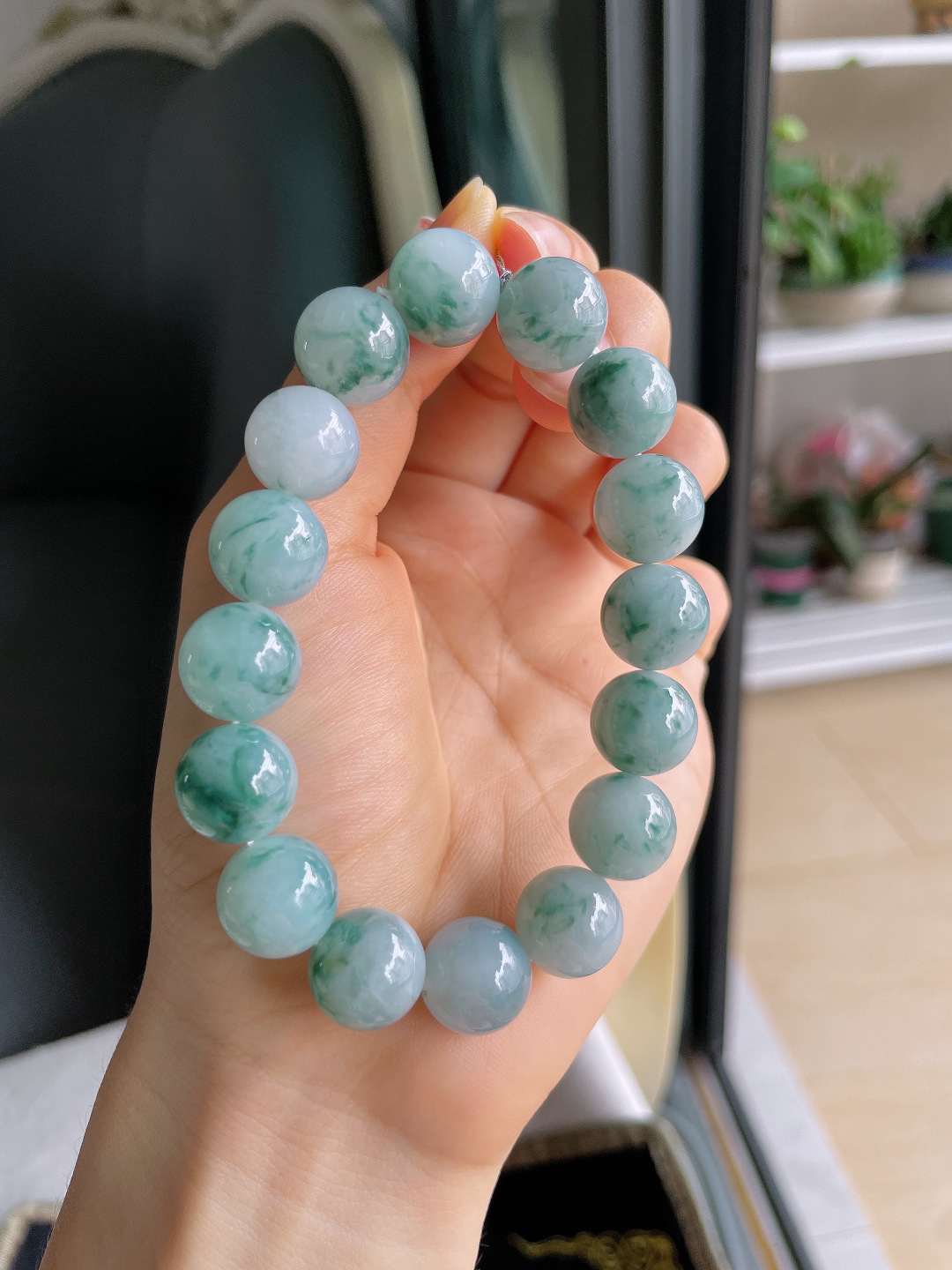 ️，缅甸天然翡翠A货，冰飘花手串，尺寸：13mm。【编4060】