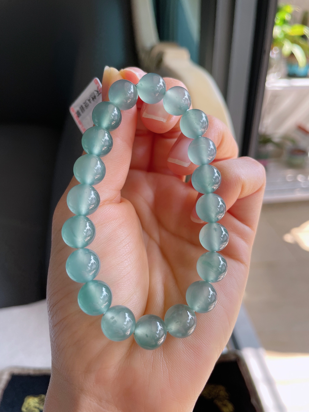 天然翡翠A货，冰种天空蓝手链，尺寸：9.8mm。【编3454】