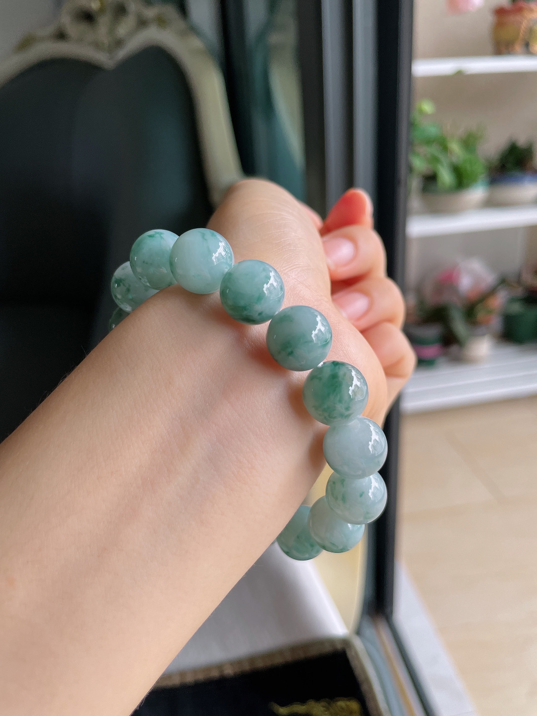 ️，缅甸天然翡翠A货，冰飘花手串，尺寸：13mm。【编4060】