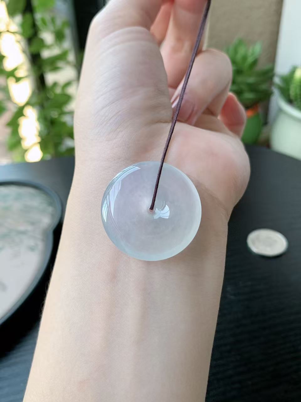 老坑冰种胶感白月光平安扣吊坠,裸石尺寸:29.6-6.2mm